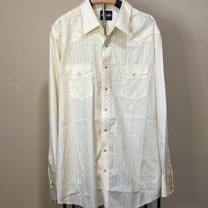 Men’s Wrangler Pinstripe Cream Pearl Snap Long Sleeve Collared Dress Shirt